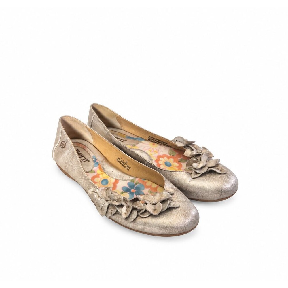 Born Womens 7 Metallic Gold Leather Ballet Flats Floral Flower Balletcore